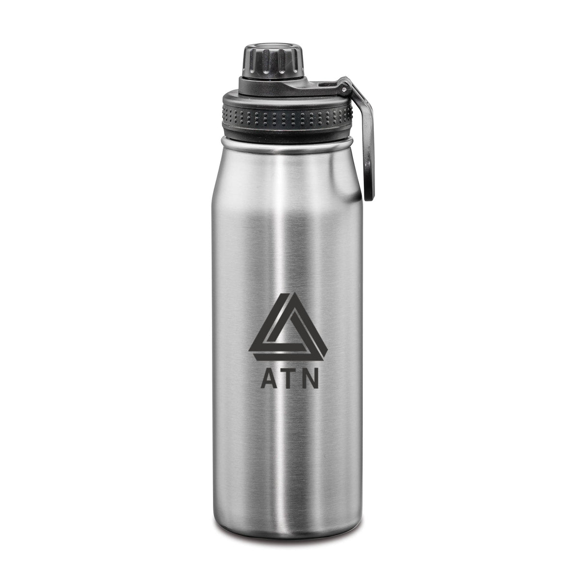 Silver stainless steel insulated water bottle with twist chug lid and black ATN logo.