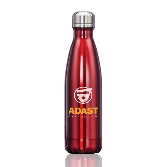 Metallic red stainless steel water bottle with a silver lid, featuring a logo on the front.