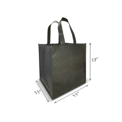 Black reusable tote bag with reinforced handles, measuring 13" high by 11" wide and deep 
