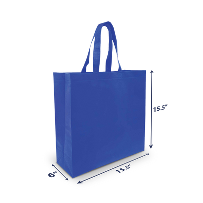 Blue reusable tote bag with dimensions labeled — 13.5" wide, 14.5" tall, and 6.5" deep.
