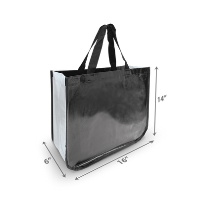 Black reusable laminated tote bag with white side panels, black handles, and a 14" x 16" x 6" size