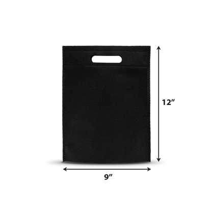 Black non-woven tote bag with die-cut handle, measuring 9" x 12"