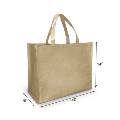 Beige and blue reusable tote bags side by side, each with a circular area for a custom logo and tagline.