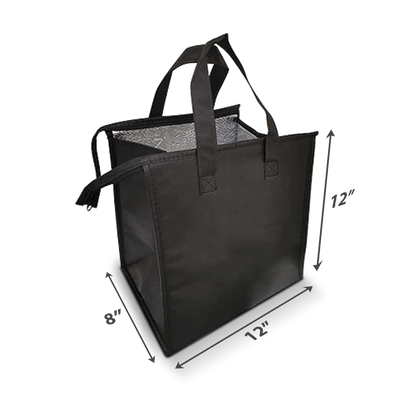 Black insulated tote bag with zipper closure and reinforced handles, measuring 12" wide x 8" deep x 12" high