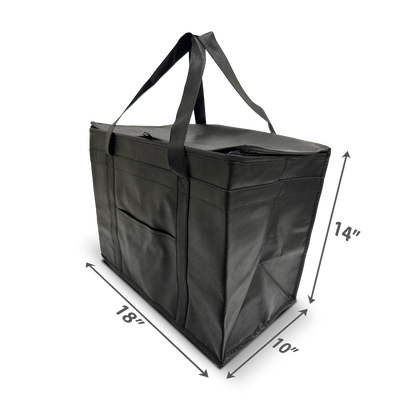 Large black insulated tote with zipper and sturdy handles, measuring 18"x10"x14" 