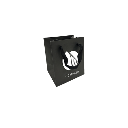 Black custom gift bag with wide fabric handles and a bold white company logo design.