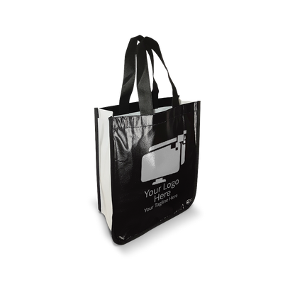 Black small laminated non-woven bag with curved bottom, white sides, and black handles, featuring a custom logo area.