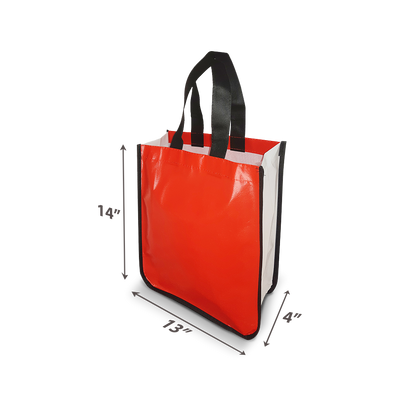 Red small laminated non-woven tote bag with curved bottom, black handles, and white side panels. Size: 14"H x 12"W x 4"D.