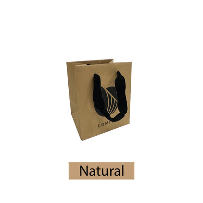 Natural kraft square gift bag with thick black ribbon handles and a printed company logo.