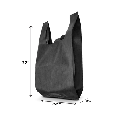 Plain black reusable T-shirt style tote bag with long handles, shown from a side angle.