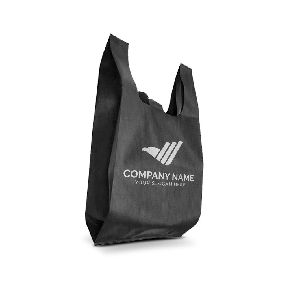 Side view of a black reusable T-shirt style tote bag featuring custom logo space