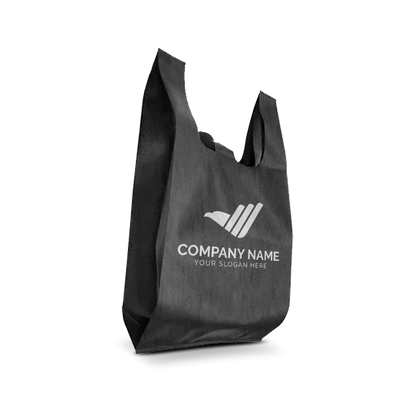 Side view of a black reusable T-shirt style tote bag featuring custom logo space