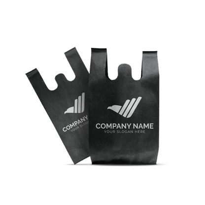 Black reusable T-shirt style tote bags with custom logo imprint area.