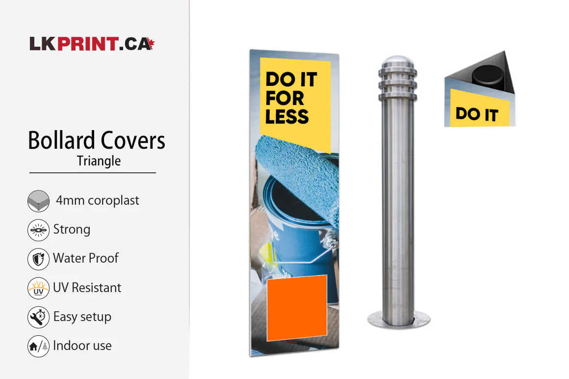 Triangle-shaped 4mm coroplast bollard cover with hardware store design