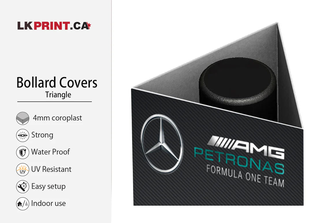 Triangle-shaped 4mm coroplast bollard cover with AMG Petronas Formula One Team branding, waterproof, UV resistant, and suitable for indoor use