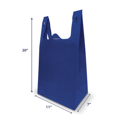 Blue reusable tote bag with die-cut handles, measuring 20" height × 17" width × 7" depth