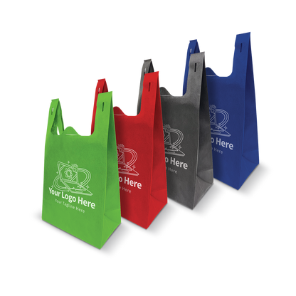 Colorful reusable tote bags in green, red, black, and blue with custom logo print