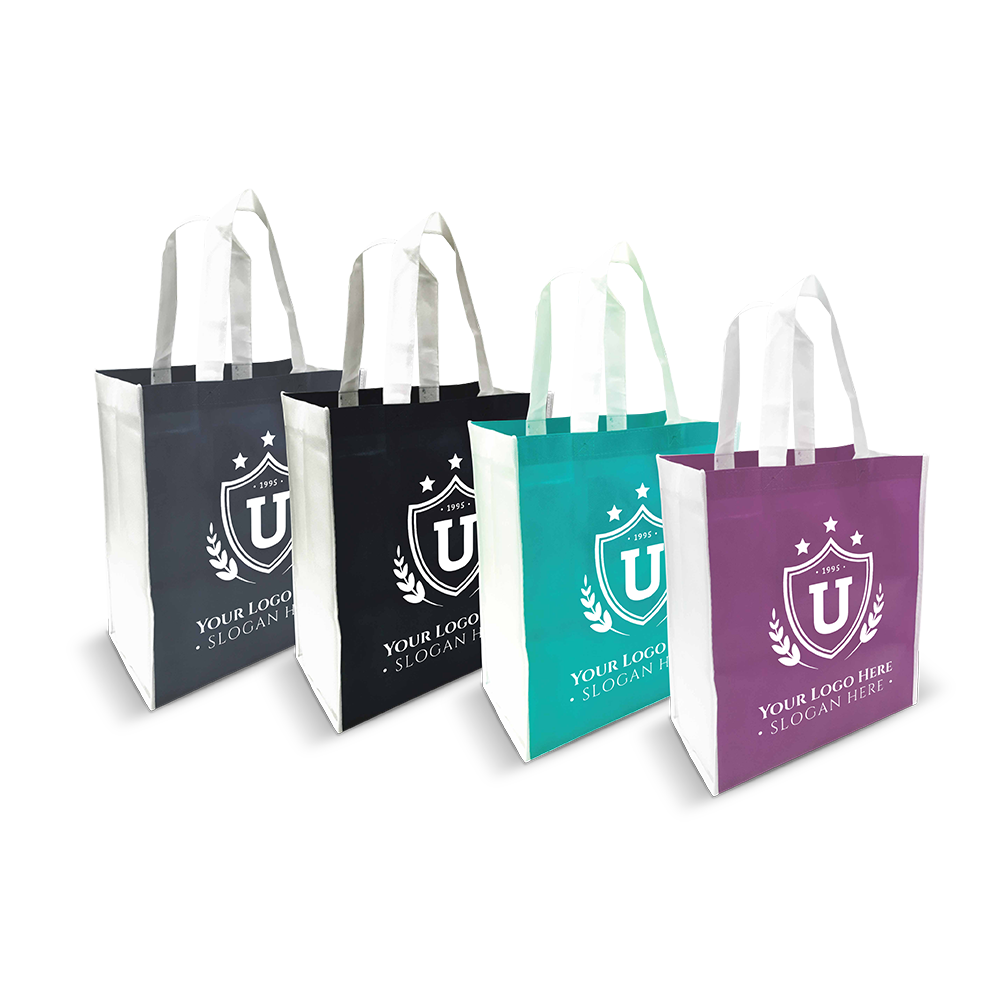 Colorful vertical tote bags with white handles and side panels