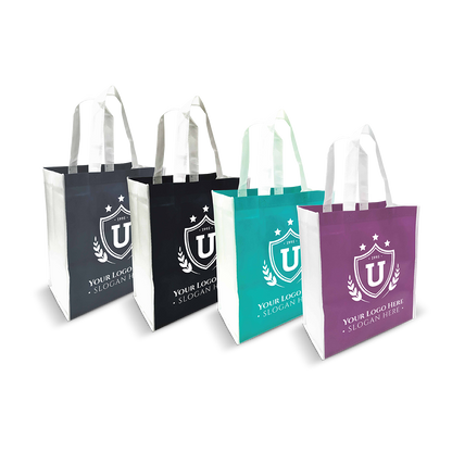 Colorful vertical tote bags with white handles and side panels