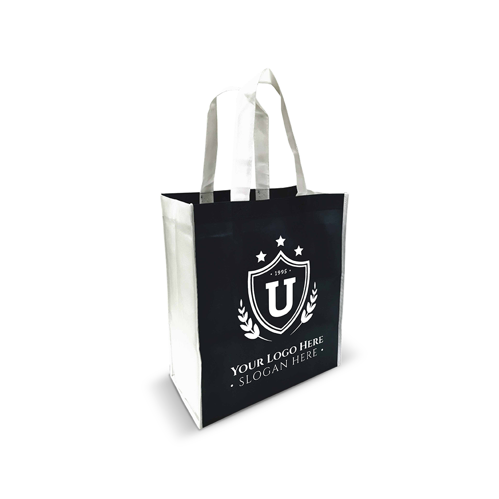 Black promotional tote bag with white handles and custom crest logo