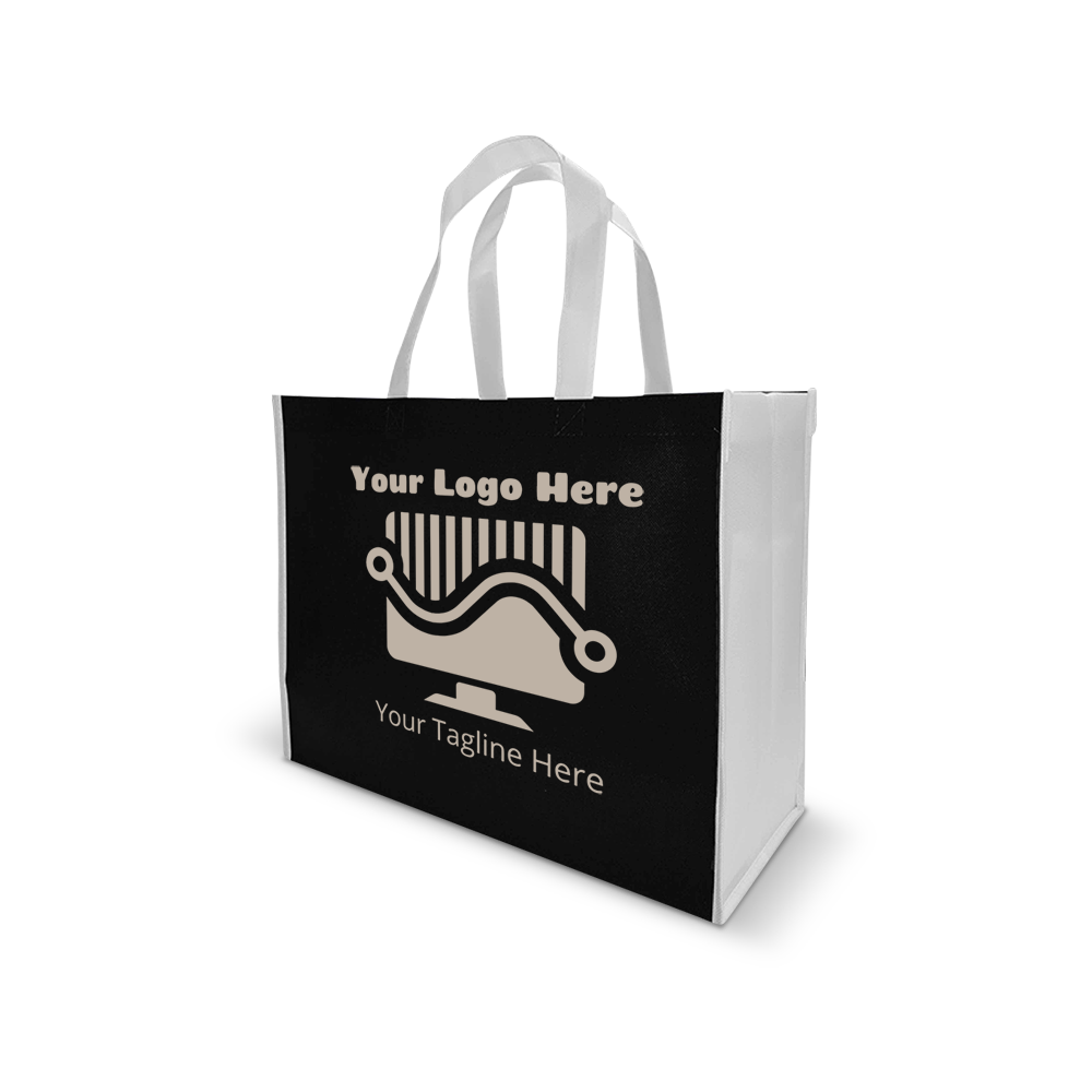 Black and white reusable tote bag featuring a custom logo area