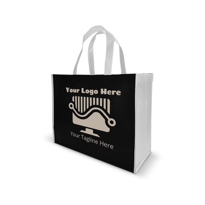 Black and white reusable tote bag featuring a custom logo area