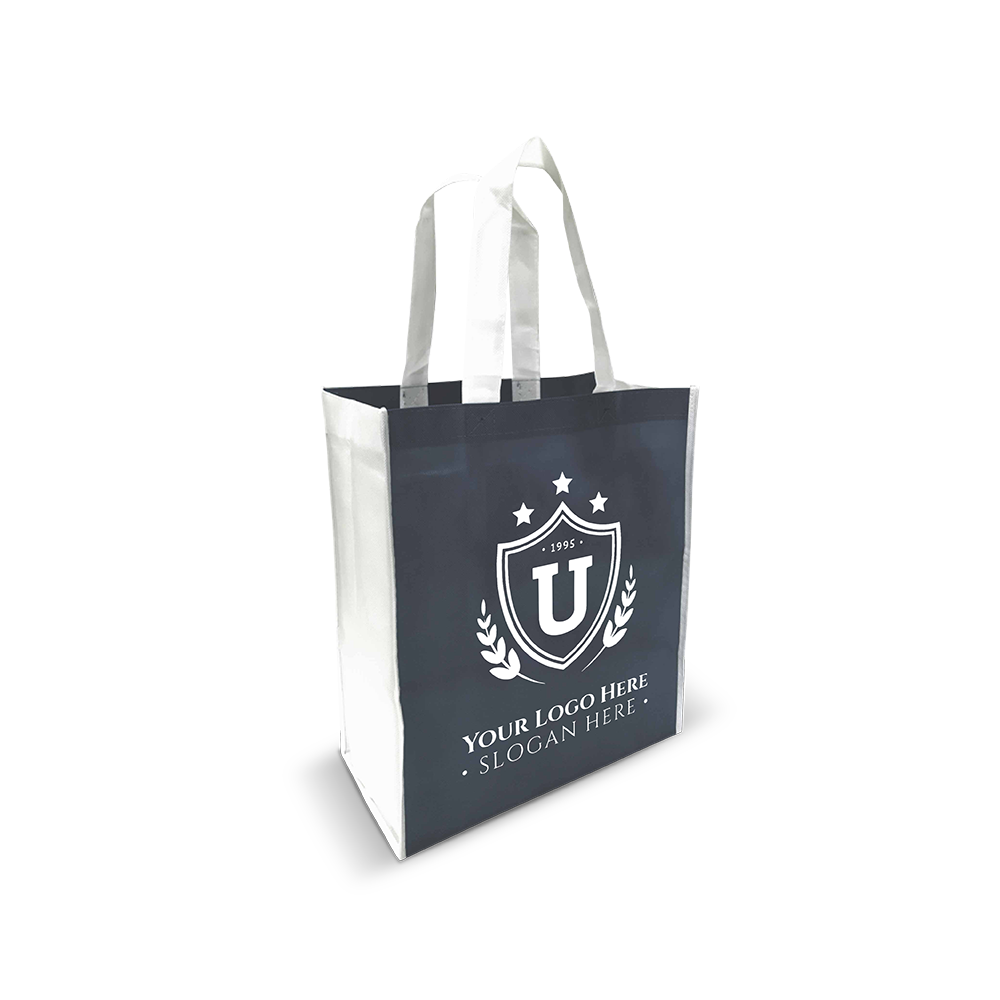 Navy reusable tote bag with white handles and custom crest logo