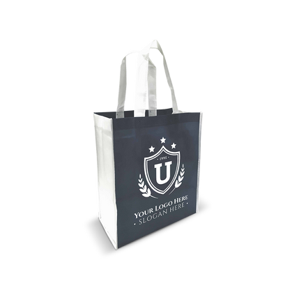 Navy reusable tote bag with white handles and custom crest logo