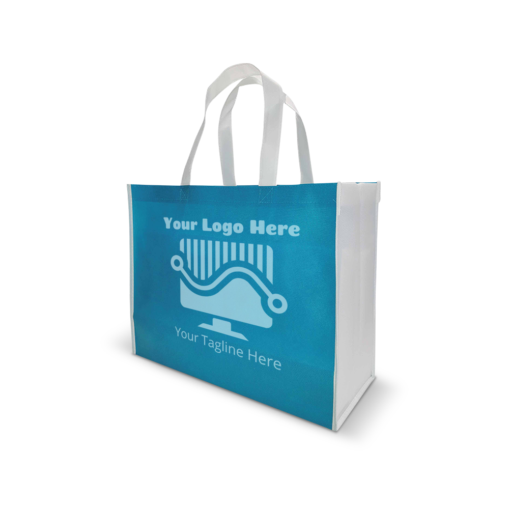 Blue and white reusable tote bag with custom logo space 