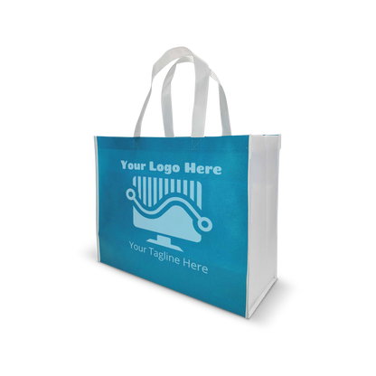 Blue and white reusable tote bag with custom logo space 