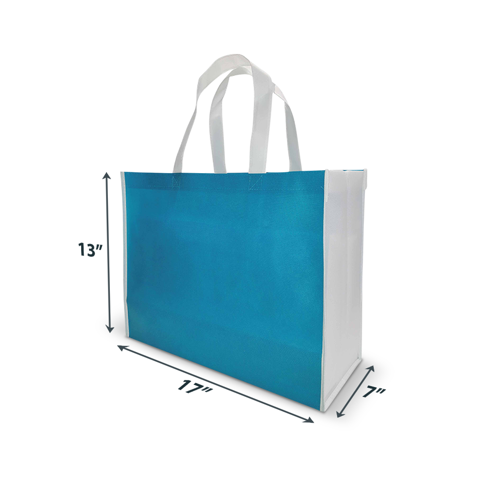 Large teal and white tote bag with long handles, sized 15" x 22" x 8"