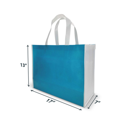 Large teal and white tote bag with long handles, sized 15" x 22" x 8"