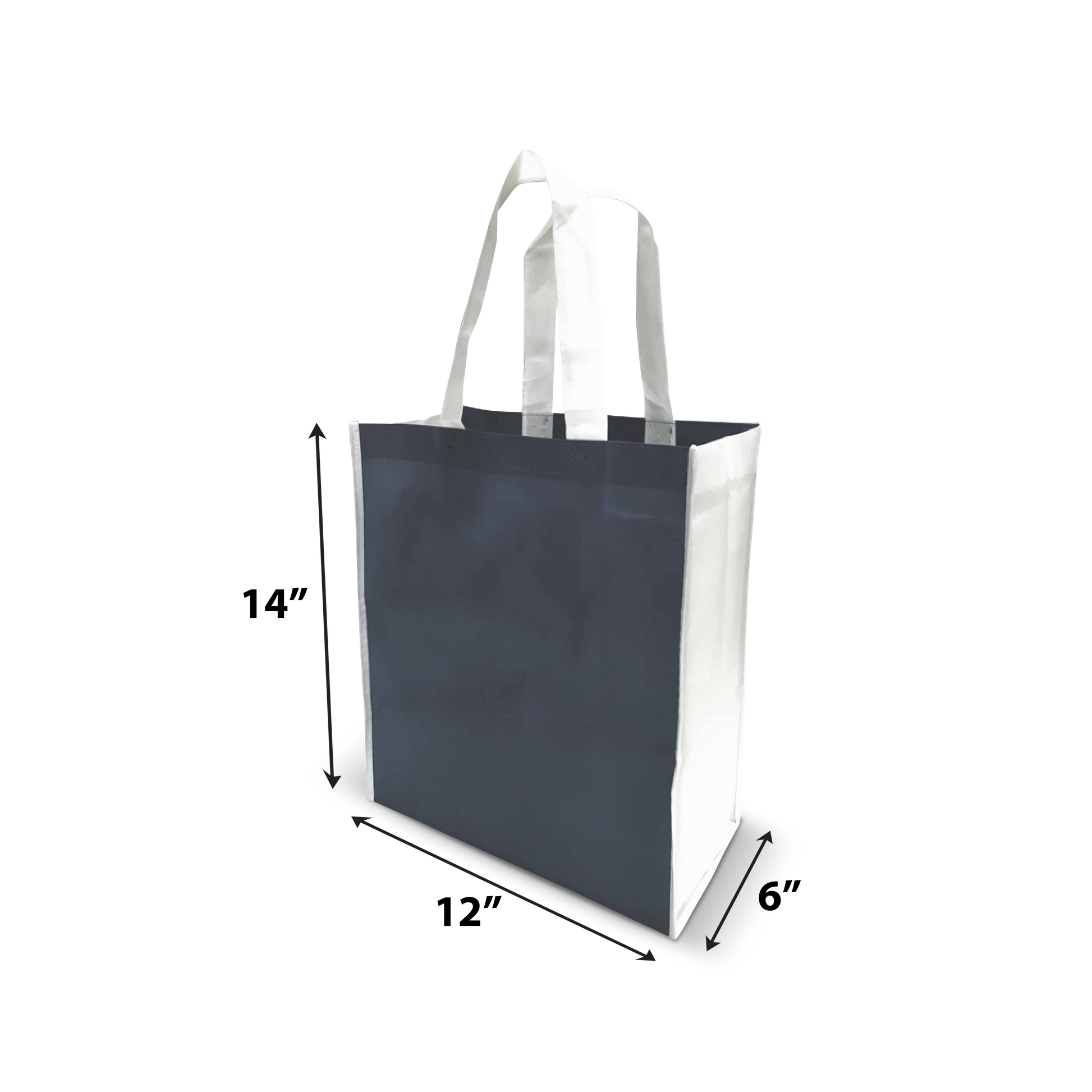 Plain grey tote bag with white handles, measuring approximately 14" high, 13" wide, and 7" deep