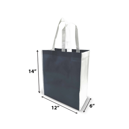 Plain grey tote bag with white handles, measuring approximately 14" high, 13" wide, and 7" deep