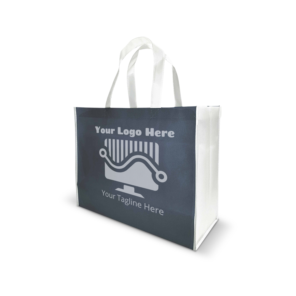 Gray and white reusable tote bag with custom logo space 