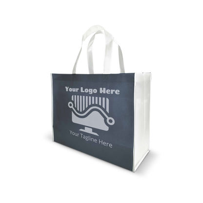 Gray and white reusable tote bag with custom logo space 