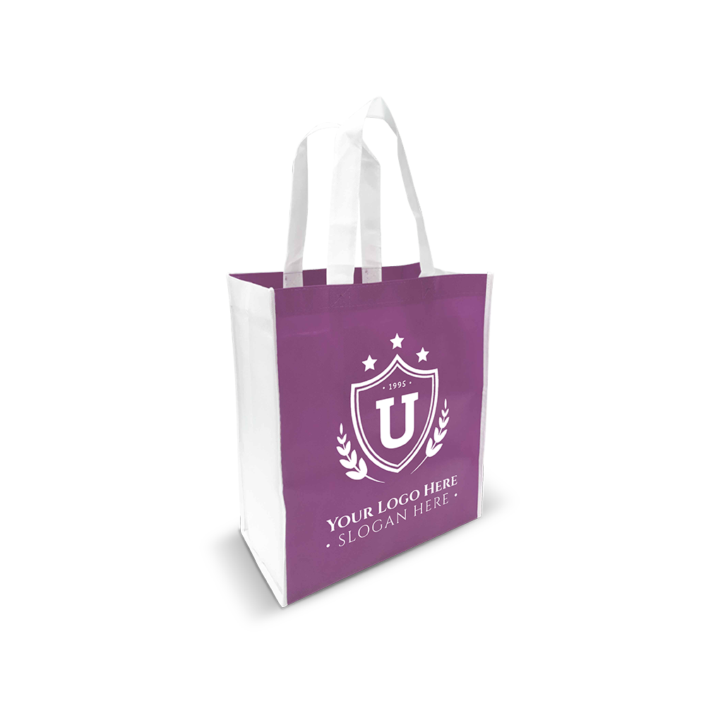 Violet reusable tote bag with white handles and custom crest logo