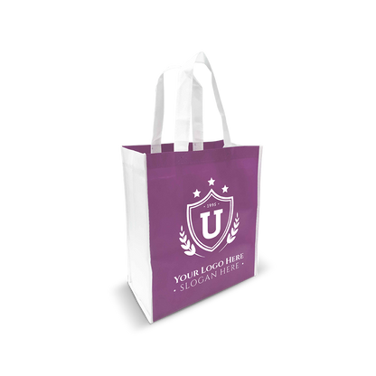 Violet reusable tote bag with white handles and custom crest logo