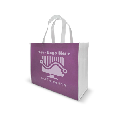 Purple and white reusable tote bag with custom logo space 