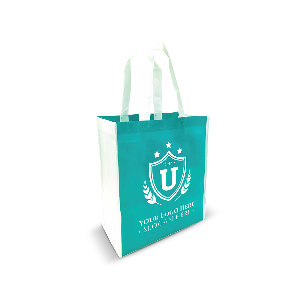 Tiffany reusable tote bag with white handles and custom crest logo