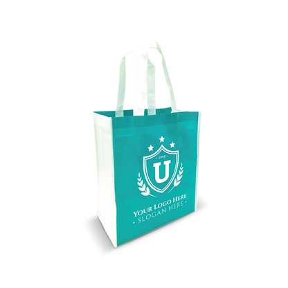 Tiffany reusable tote bag with white handles and custom crest logo