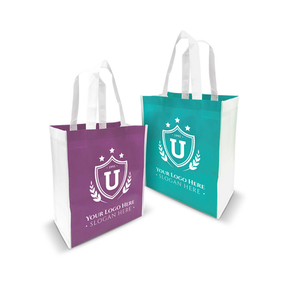 Purple and teal tote bags with bold  logos and white handles