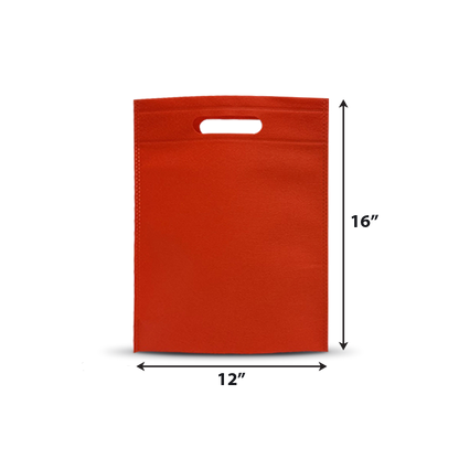 Red non-woven tote bag with die-cut handle, measuring 12” x 16”