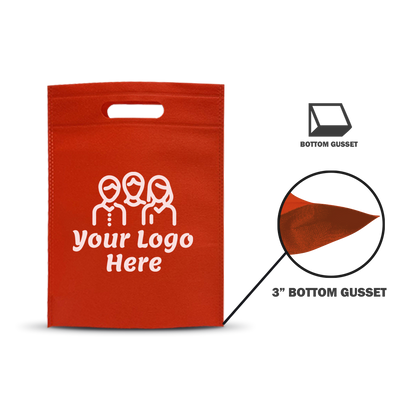 Red non-woven die-cut handle bag with bottom gusset for added capacity