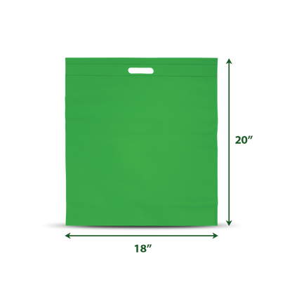 Green non-woven die-cut handle bag measuring 20" x 18"