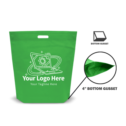 Green non-woven tote bag with die-cut handle, highlighted fabric texture, and custom logo print