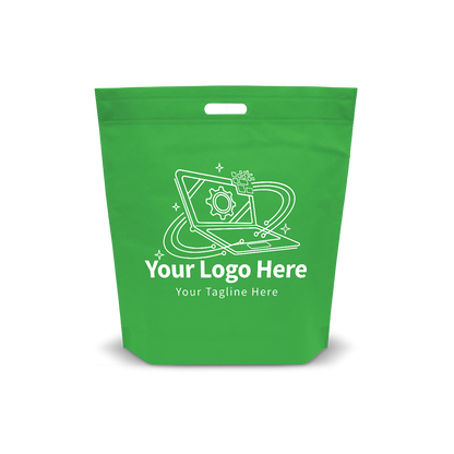 Green non-woven die-cut tote bag with gusseted bottom