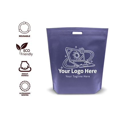 Purple eco-friendly non-woven tote with die-cut handle and ultrasonic seams