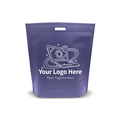 Purple non-woven die-cut tote bag with gusseted bottom