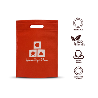 Red non-woven tote bag with die-cut handle and white geometric icon print, eco-friendly and reusable design.
